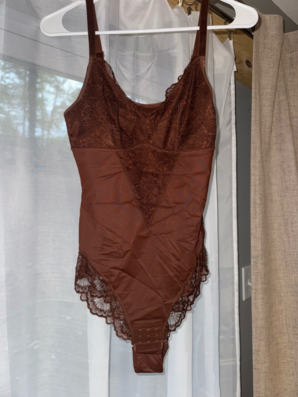 WERENA SHAPEWEAR Chocolate Brown Lace-Trim Shaping Bodysuit LARGE NEW
